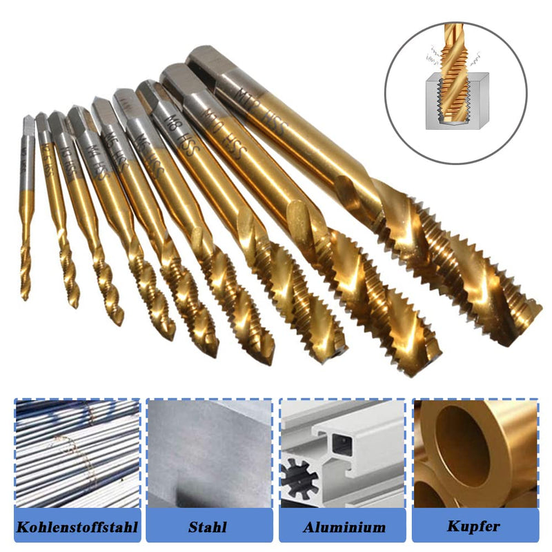 Mesee 9 pieces spiral tap, HSS titanium coated tap, spiral groove drill machine tap set, metric thread steel tap set tools - M2 M2.5 M3 M4 M5 M6 M8 M10 M12