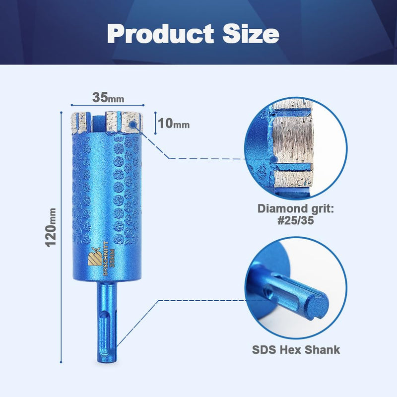 Diamond Core Drill Bit,BRSCHNITT 1 3/8 Inch Laser Welded Diamond Hole Saw for Granite Marble Solid Block Stone Reinforced Concrete,Dry or Wet Drilling SDS Plus Hex Shank(35mm) 1 3/8"(35mm）SDS PLUS