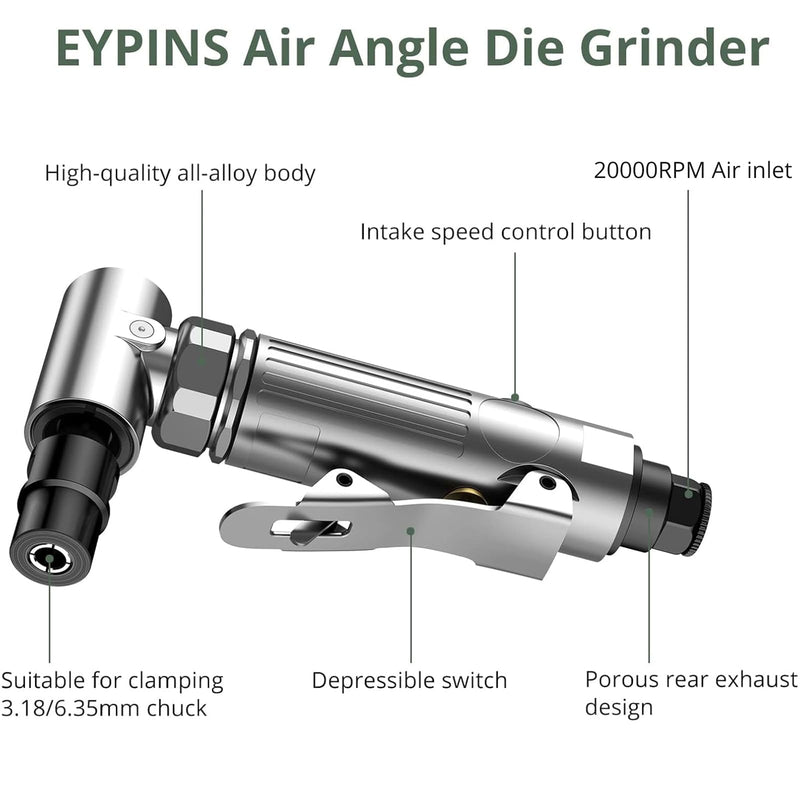 EYPINS Angle Air ‎Die Grinder 1/4 inch - Pro Pneumatic Right Angle Grinder 20000 RPM,with Sanding Discs, Lightweight,Variable Speed for Contour Grinding,Polishing,Cutting,Air Powered Compressed Silver
