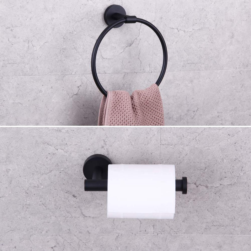 GERZWY Bathroom Hardware Set 2 Piece Black Towel Ring and Toilet Paper Holder SUS 304 Stainless Steel Wall Mounted Matte Black AG1404B-BK