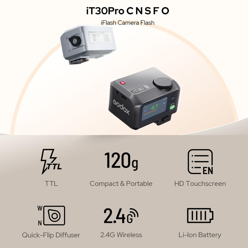 GODOX IT30Pro Sliver TTL Mini Camera Flash Light,Full-Color Touchscreen,2.4GHz X System,Built-in Diffuser and Battery (for Canon) For Canon