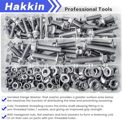 Hakkin 248Pcs Flanged Hex Bolts M6 M8 M10 Metric Bolt Assortment, Flange Hex Bolts and Nuts Kit M6 Bolt M8 x 1.25 M10-1.5 Stainless Steel Hex Head Screws Nuts Washers Assortment Kit A M6 M8 M10 Flanged Hex Head Silver (248pcs)