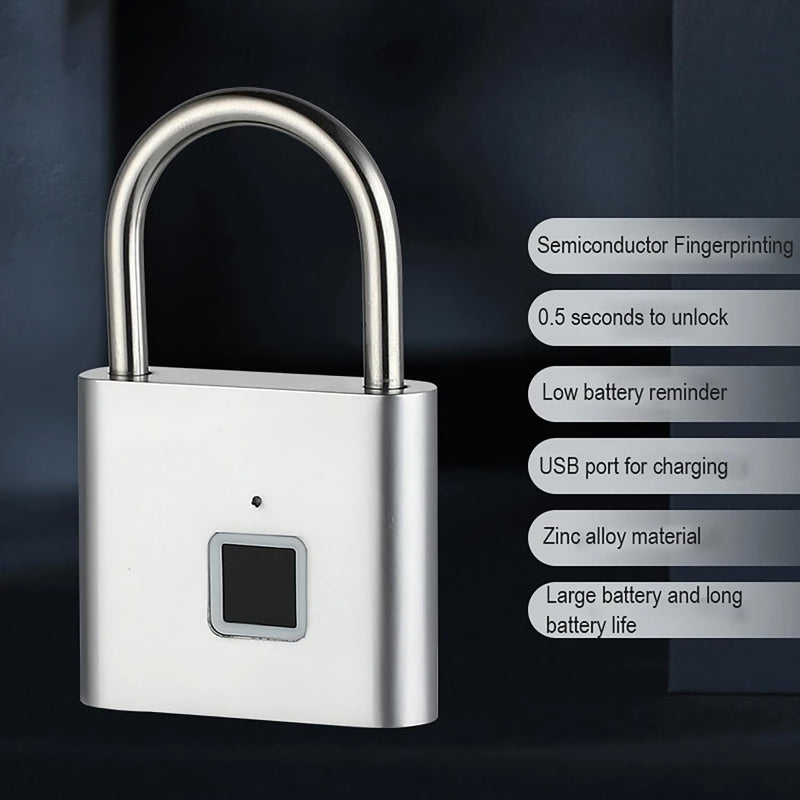 Fingerprint Padlock, Locker Lock, Keyless Biometric Padlock Fingerprint Lock Combination Gate Locks for Outdoor Storage Gym Lock USB Rechargeable - Silver Silver with 20 Fingerprint