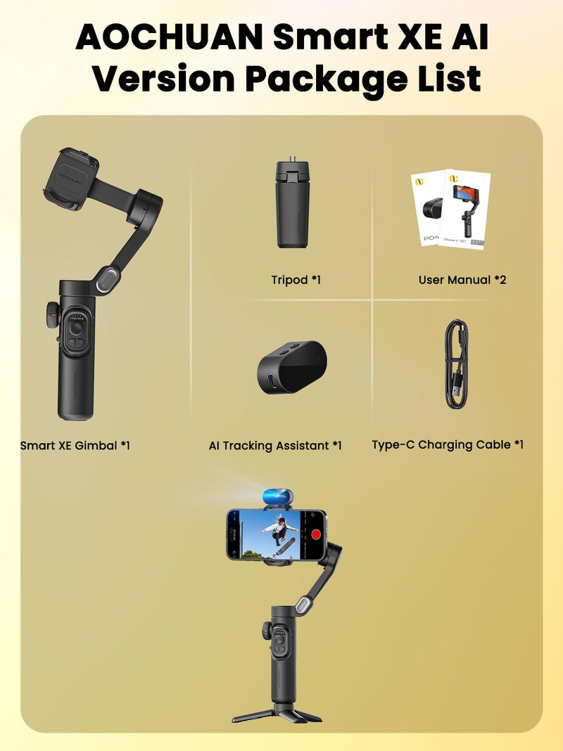 AOCHUAN XE AI Version,Gimbal Stabilizer for Smartphone,NO APP AI Tracking, Gesture Control,360°Inception Gimbal with TikTok YouTube,3-Axis Foldable Handheld Tripod for iPhone& Android,Black Smart XE AI