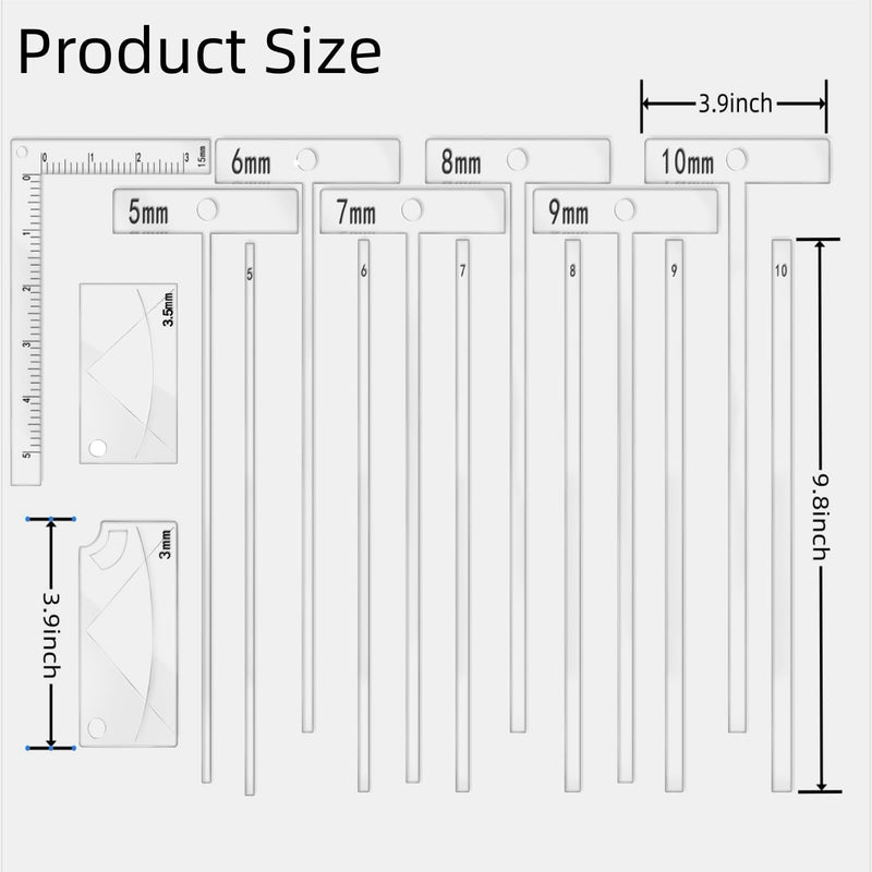 15-Piece Book Binding Ruler Set, Includes T-Shaped, Cutting Angle, and L Rulers, Acrylic Material (Transparent) Transparent