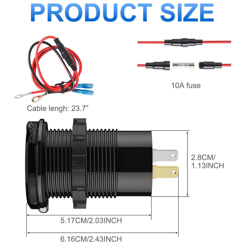 2 pack 12V USB Outlet Wire Aluminum Car Charger Multi Port, Dual USB Quick Charge 3.0 Port and PD USB C Socket with Voltmeter Switch for Car Boat Marine Truck RV, Fast Charge for Phones iPad, etc.