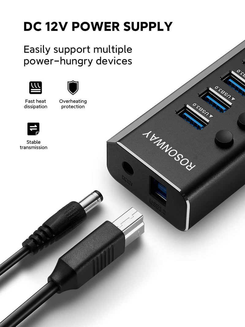 Powered USB Hub Rosonway 16 Ports 96W USB 3.0 Data Hub Aluminum USB Hub 3.0 Splitter with 12V/8A Power Adapter and Individual On/Off Switches RSH-A16 (Black) 16 Ports USB 3.0 hub Black