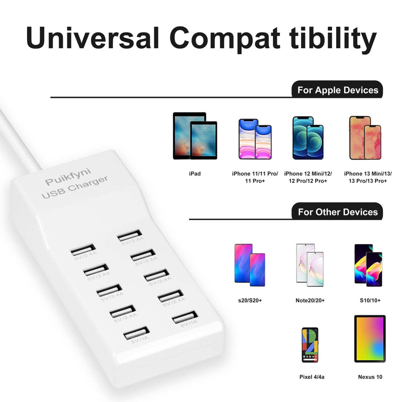 10-Port USB Charger [UL Certified] Family-Sized Desktop USB Rapid Charger，Smart USB Charger for Multiple Devices Smart Phone Tablet Laptop Computer white