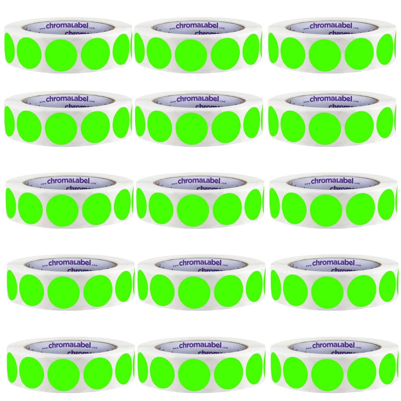 ChromaLabel Fluorescent Green Round Dots, Permanent Round Labels, Matte Finish Round Stickers, 1000 Per Roll - Case of 15