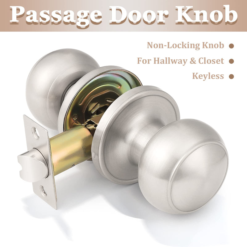 Probrico 2 Pack Interior Door Knobs - Brushed Nickel Passage Handles, Keyless Closet Door Knobs, Silver Stainless Steel Finish Satin Nickel
