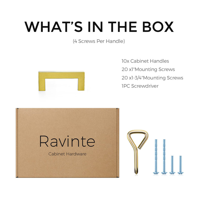 Ravinte 10 Pack Square Bar Kitchen Cabinet Handles Gold Cabinet Pulls Drawer Pulls with 3 Inch Hole Center Kitchen Cabinet Hardware
