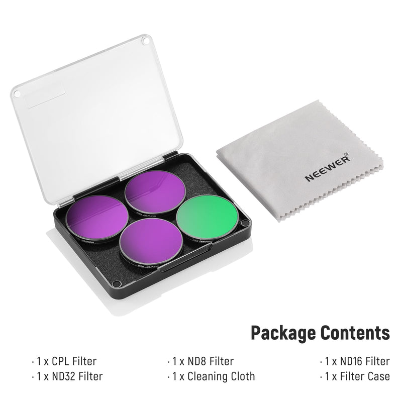 NEEWER Snap On ND Filter Set Compatible with DJI Osmo Action 3/4/5 Pro, 4 Pack ND8+ND16+ND32+CPL Neutral Density Polarizing Action Camera Accessories, Multicoated HD Optical Glass, FL-A76 CPL/ND8/ND16/ND32