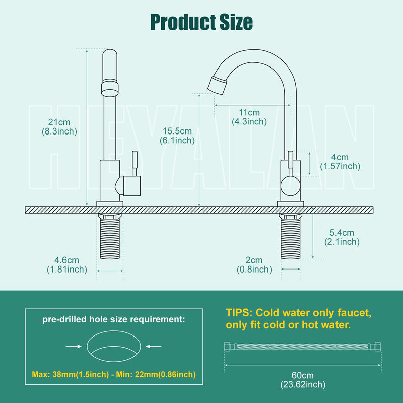 Heyalan Cold Water Only Kitchen Faucet, SUS304 Stainless Steel Bar Sink Faucet, Single Handle High Arc Gooseneck, 1 Hole Deck Mount, Matte Black, 8.3 Inch for Bar, RV, Laundry, Outdoor