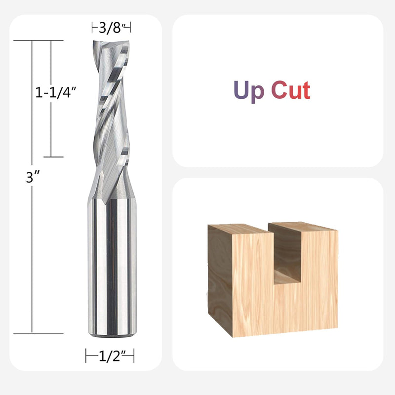 SpeTool Spiral Router Bits with UpCut 3/8 inch Cutting Diameter, 1/2 Inch Shank HRC55 Solid Carbide CNC End Mill for Wood Small Cut, Carving 3/8" Dia - 1-1/4" CL UP CUT