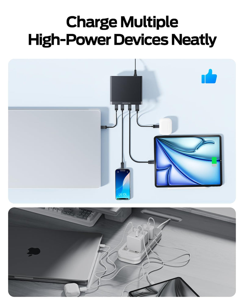 MOVESPEED 165W 4 Port Slim GaN Charging Station, 140W Single Port USB-C Fast Charger with Detachable 5ft Cable & 2 Stands for Laptops, Phones, Tablets (for MacBook/Dell/HP/Samsung etc)