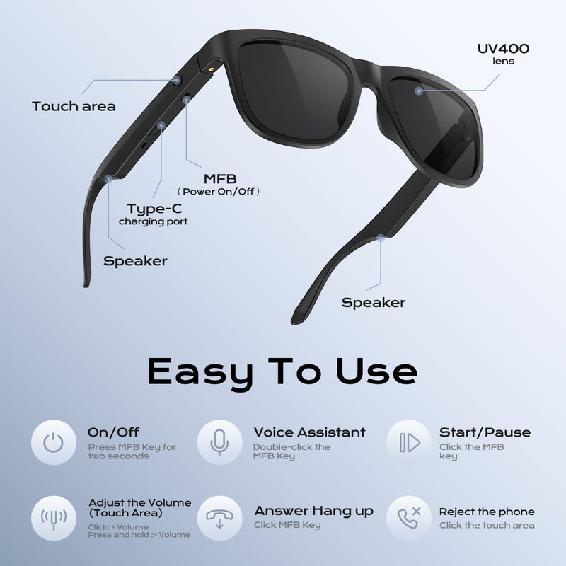 Bluetooth Glasses for Women & Men, Smart Audio Sunglasses for Men with Built-in Speakers, UV400 Protection, Wireless Music & Calls, Lightweight Frame, Touch Control Compatible with iOS/Android