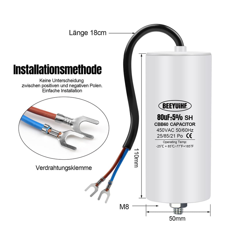 BEEYUIHF CBB60 motor capacitor 80µF 450V capacitor 50/60Hz starting capacitor 80uF motor running capacitor with connection cable for electric motor 50 x 110 mm 80µF / 80uF