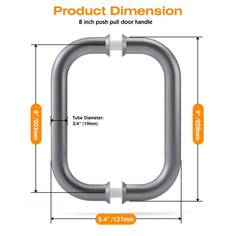 Ranbo Electroplating Grey 8" （CTC） Tubular Back-to-Back Shower Door Handle，Heavy-Duty 1.0mm Thick 304 Stainless Steel, for 1/4"- 1/2" Thick Glass and 1-3/8" - 2-1/6" Thick Wooden or Metal Doors 8 Inch