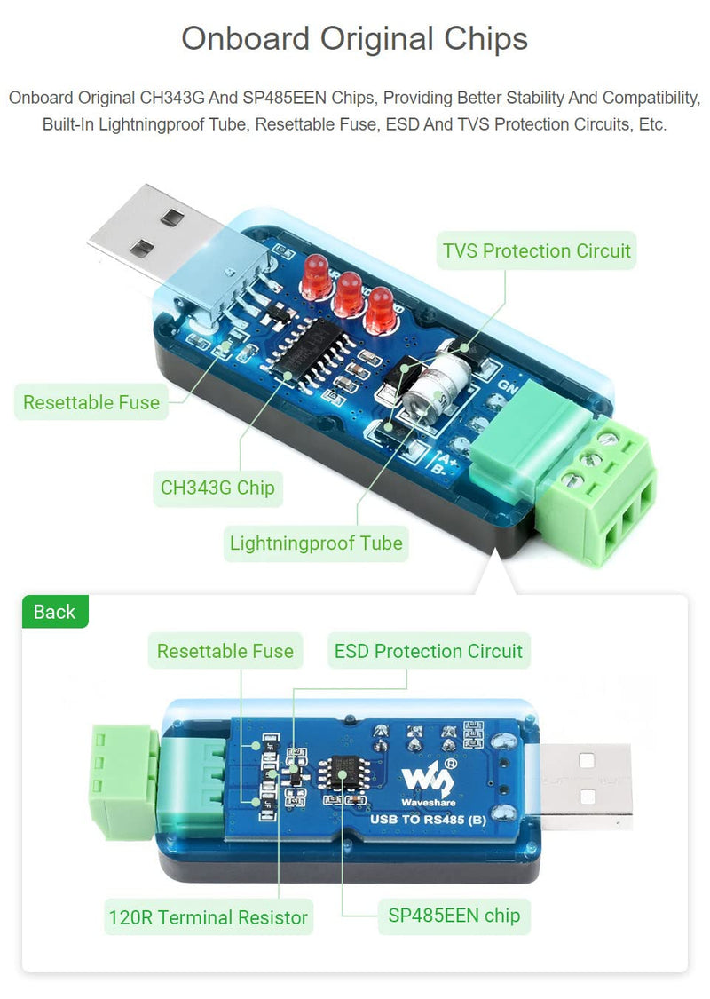 2PCS Waveshare Industrial USB to RS485 Bidirectional Converter Onboard Original CH343G Multi-Protection Circuits