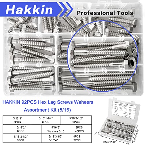 5/16" Hex Lag Bolts Screws Washer Assortment Kit 1" 1-1/4" 1-1/2" 2" 2-1/2" 3" 3-1/2" 4",92Pcs Stainless Steel Lag Screws,Heavy Duty Hexagon Head Lag Bolt Wood Screws Washer Kit by Hakkin C 5/16-18 (92PCS)