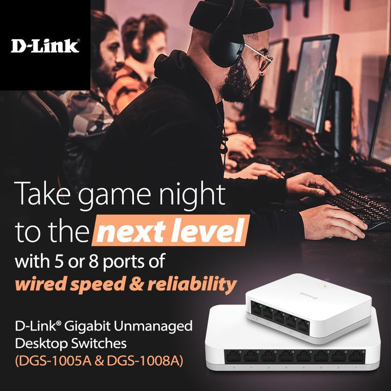 D-Link 8 Port Gigabit Ethernet Unmanaged Network Switch, Plug and Play, Ethernet Splitter, Fanless, Traffic Optimization, Unmanaged (DGS-1008A)