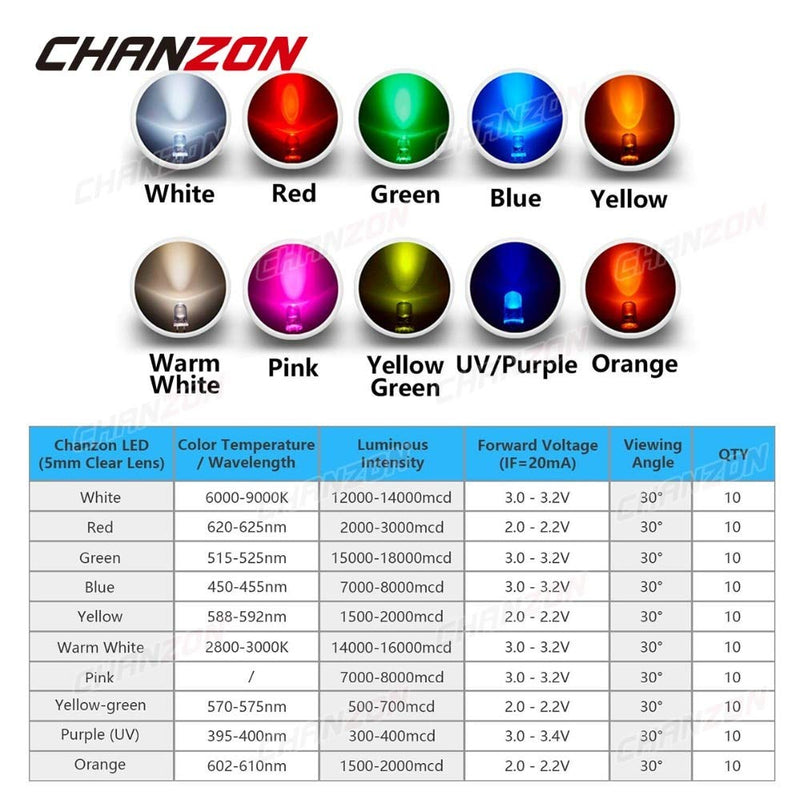 20x 5mm LED component diode with solder lugs super bright 20mA round ultra bright 30° cold white ChanZon