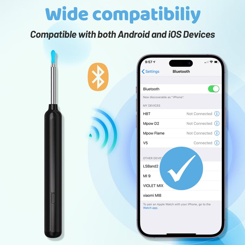 Ear Cleaner with Camera HD 5MP - 6 LEDs | Dimmable LEDs. IP67 Waterproof For adults and children. Wireless App control. 90 minutes. Battery.