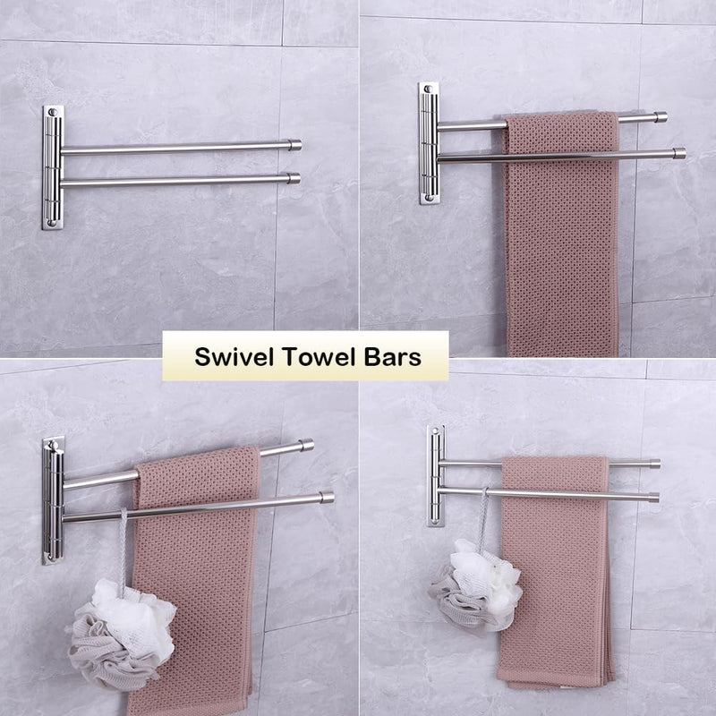 2-Arm Swivel Towel Bar Bathroom Towel Holder Wall-Mounted Swing Out Towel Rack with Hooks Rustproof Polished Finish