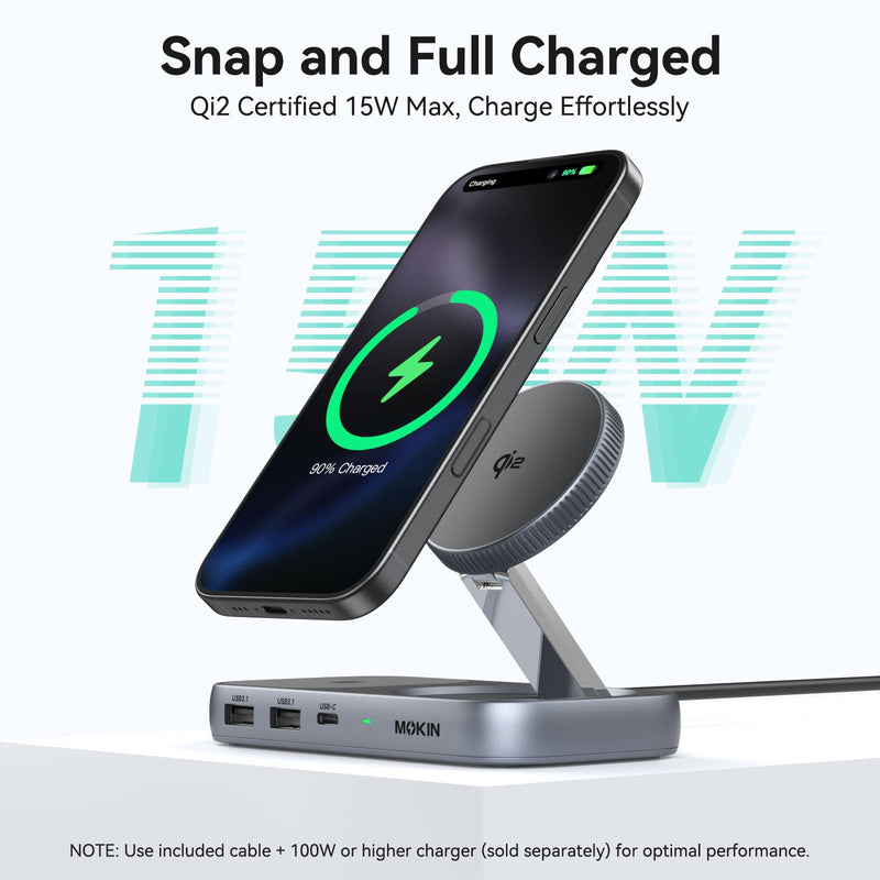 MOKiN USB C Hub with 15W Qi2 Wireless Charger, Laptop Docking Station to 4K HDMI, 100W PD, 10Gbps Ports, 15W+5W Wireless Charging Stand for iPhone 16/15/14/13 & Airpods, USBC Dock for MacBook/Windows Gray