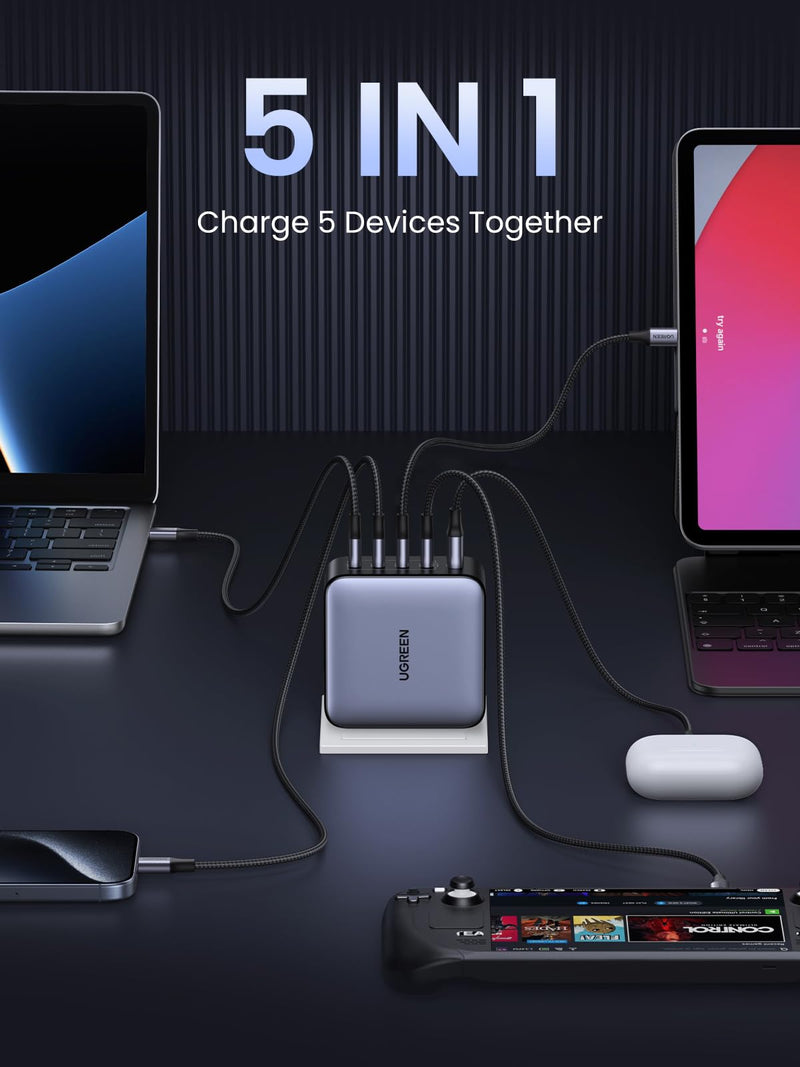 UGREEN Nexode 100W USB C Charger Block, 5-Port GaN Charger Laptop Charger Type C Charger Fast Charging Compatible with MacBook Pro/Air, iPhone 16/15, Galaxy S24, iPad Air, Pixel 8, Steam Deck