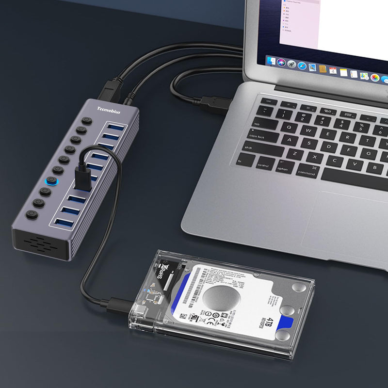 Powered 10-Port USB 3.0 Hub, USB C to 10 Ports USB Data Hub Splitter with Individual LED On/Off Switche, 3.3FT Cable, 12V/3A Power Adapter, for Laptop MacBook Pro/Air PC (Aluminum Gary)