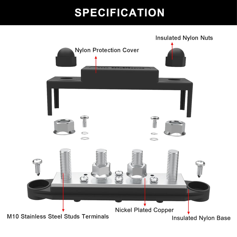 Upgraded Bus Bar 250A 12V Power Distribution Block with 3/8" (M10) 4-Posts Terminals Block with Cover for Automotive, Marine, Battery System (Black) 3/8" - Black