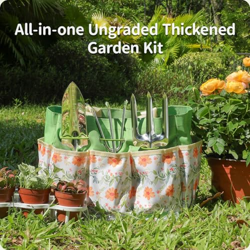 Garden Tool Set,10 Piece Garden Kit,Heavy Duty Stainless Steel Gardening Hand Tools with Durable Storage Tote,Gardening Gifts for Women Men Floral Pattern Design