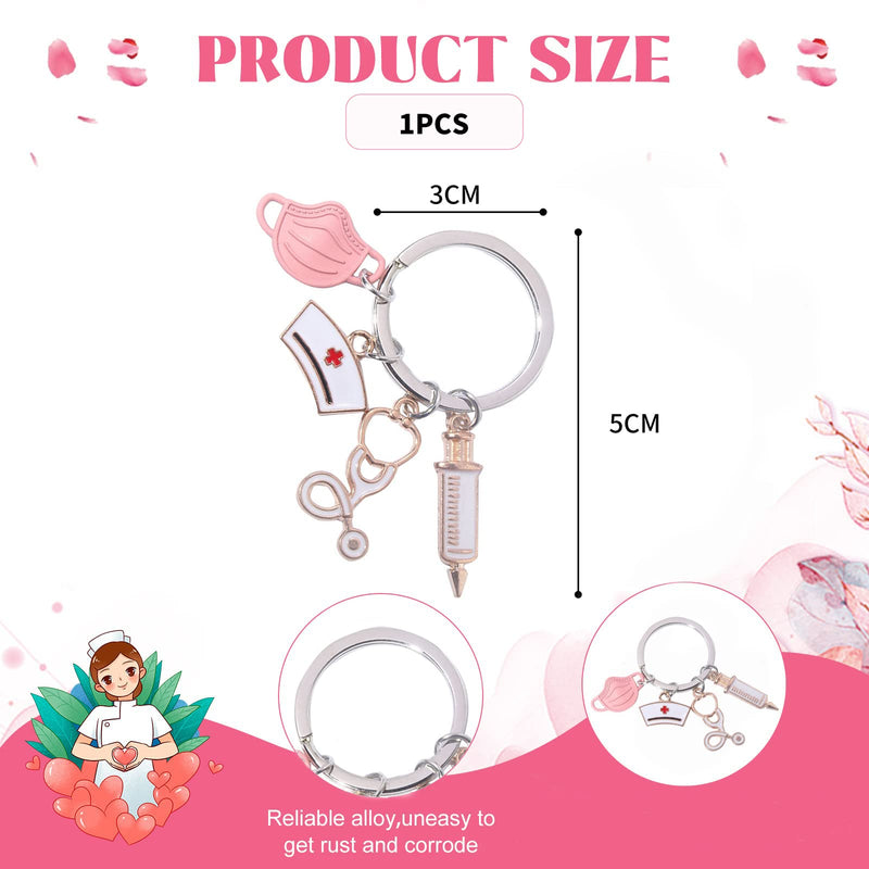 WOOXDYUK Nurse Keychain Novelty Stethoscope Syringe Love Heart Metal Keyring Hanging Pendant for Doctor Nurse Gifts for Friends Pink