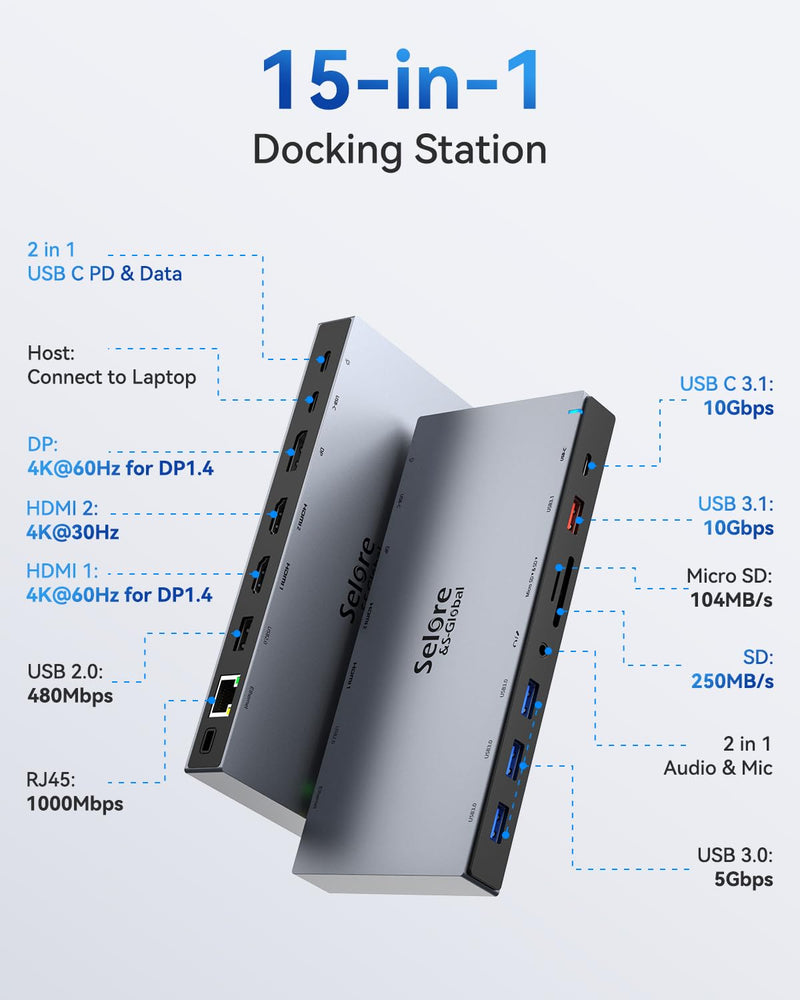 Dual HDMI Docking Station 3 Monitor,USB C Laptop Docking Station with 65W Power Adapter,2 HDMI Port,Displayport,USB 3.1/USB-C Data, Ethernet, Audio,SD&Micro SD Slot,PD Charging for Dell XPS/HP/Lenovo Gray