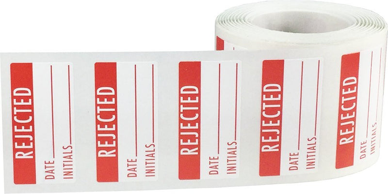 White and Red Rejected Labels, 3/4 x 1 1/2 Inch Adhesive Stickers, 500 Total Labels on a Roll with Write in Date and Initials for Quality Control – Made in the USA