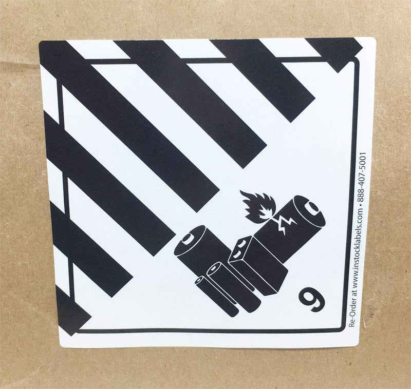 Hazard Class 9 D.O.T. Lithium Battery 4 x 4 Inch 500 Adhesive Stickers
