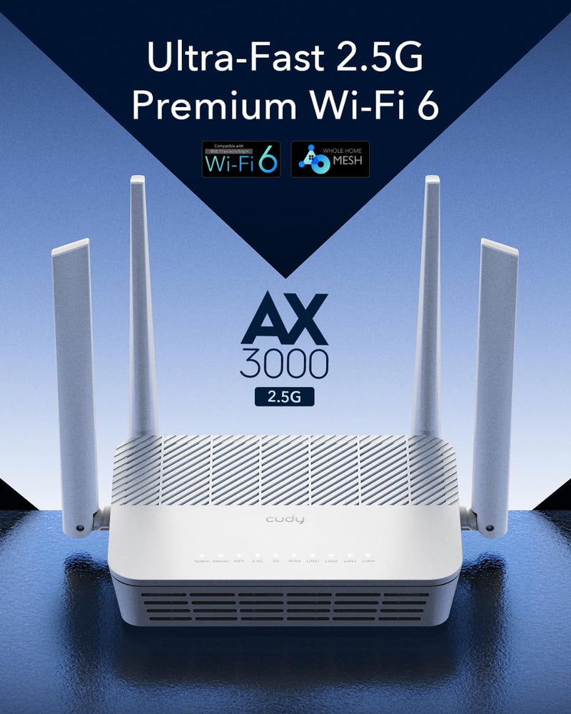 Cudy AX3000 Multi Gigabit Dual Band WiFi 6 Mesh Router, 2.5Gbps WAN RJ45 Port, 4 Gigabit RJ45 Ports, 4 5dBi Antennas, MU-MIMO, OpenVPN, Wireguard, Zerotier, Ipsec VPN, Cloud APP