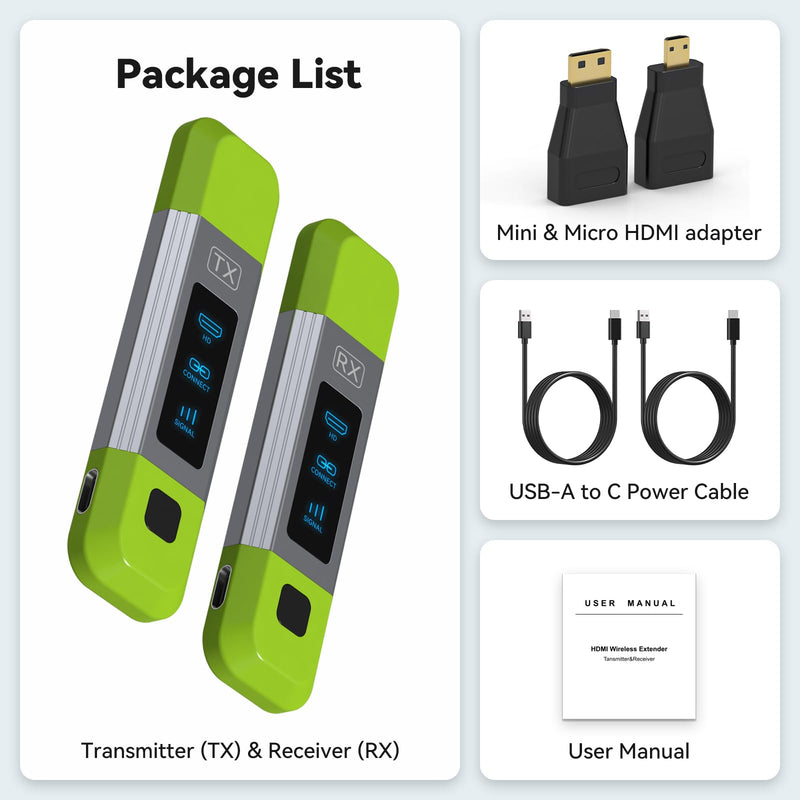 TJCXELE Wireless HDMI Transmitter and Receiver 328FT/100M Support 4K Decode 1080P@60Hz HD Video Output,Plug&Play 2.4G+5.8G Wireless HDMI Extender for Video and Audio to Monitor from PC/Projector/TVBox 1TX to 1RX Green