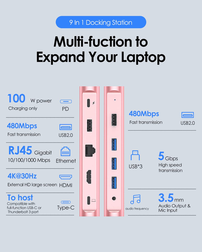 LENTION USB C Docking Station with 100W PD, 4K HDMI, Gigabit Ethernet, USB 3.0/2.0, Aux Adapter for 2023-2016 MacBook Pro/Mac Air/Surface/Steam Deck, More, Stable Driver Certified (CB-D53, Rose Gold)