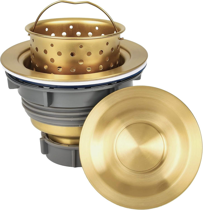 LQS Kitchen Sink Drain Strainer Assembly, Sink Drain 304 Stainless Steel with Removable Deep Waste Basket and Sealing Lid 3-1/2-inch Golden Deep Locking