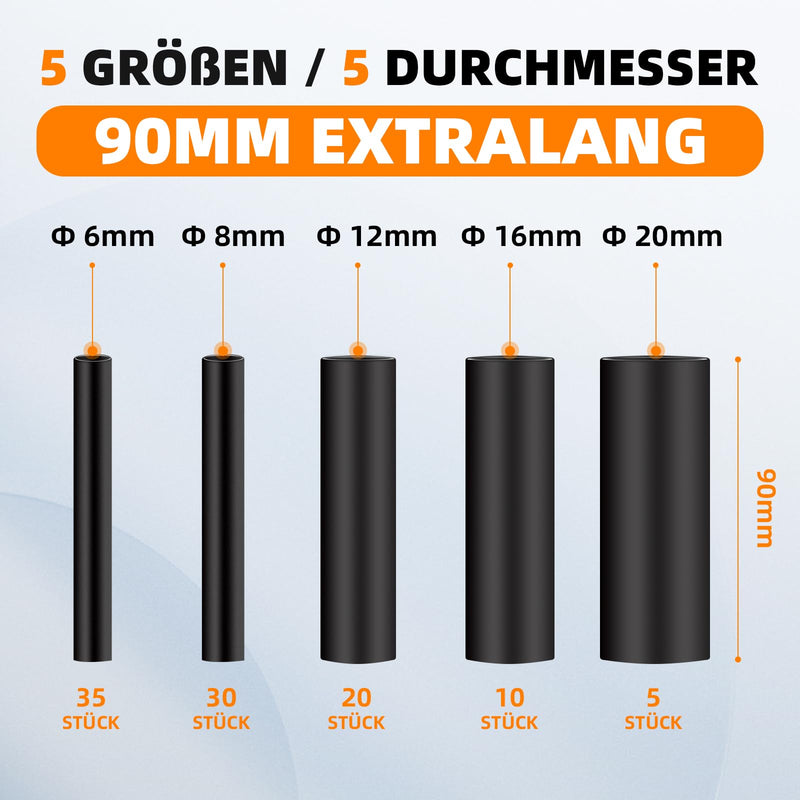 damoguin 90mm Extra Long Heat Shrink Tubing Set with Adhesive, 4:1 Waterproof Shrink Tubing, Heat Shrink Tube, Insulating Tubing Assortment with 5 Different Sizes (Black, 100 Pieces)