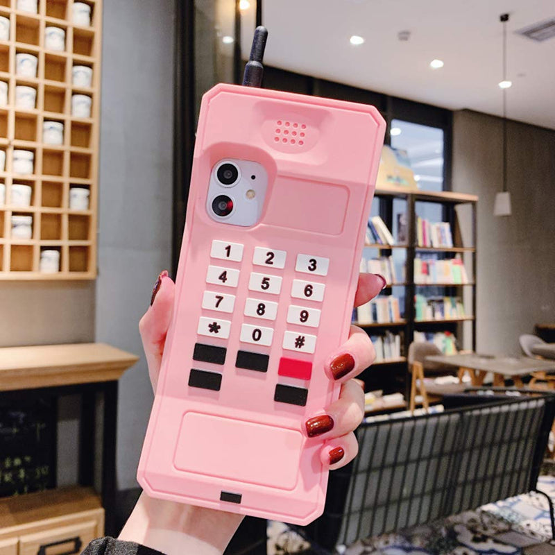 UnnFiko 3D Silicone Case Compatible with iPhone 14 Pro, Retro Classic Creative Soft Rubber Bumper Cover Cool Fun Thick Protective Stand Case (Retro Cellphone Pink, iPhone 14 Pro) Retro Cellphone Pink
