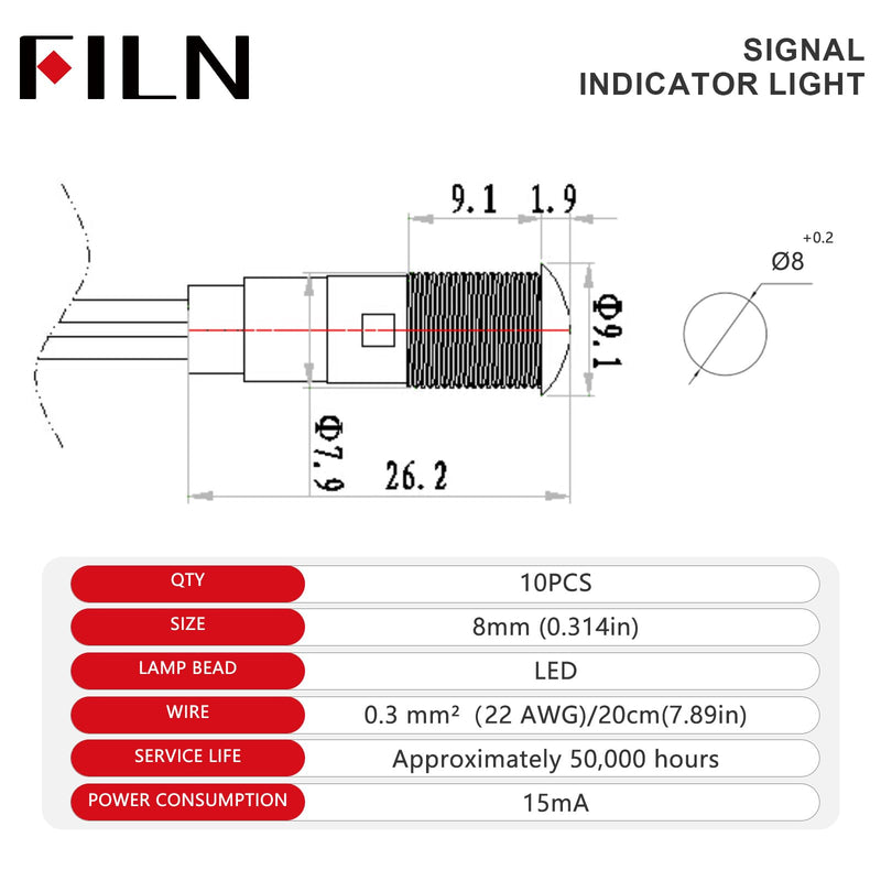Pack of 10 8 mm LED Signal Lamp Indicator Light, Universal 12-24 V DC Round Indicator Light, Plastic Housing Warning Light, for Control Cabinet and Car Truck (Red, Green, Amber, Blue, White) Five colors 12-24 V