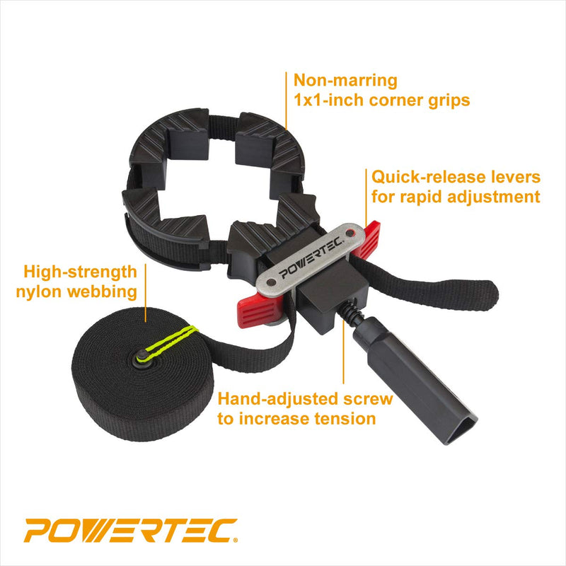 POWERTEC 71017-P2 Quick Release Band Clamp | Woodworking Frame Clamping Strap Holder, 2 PK Black Handle, 2PK