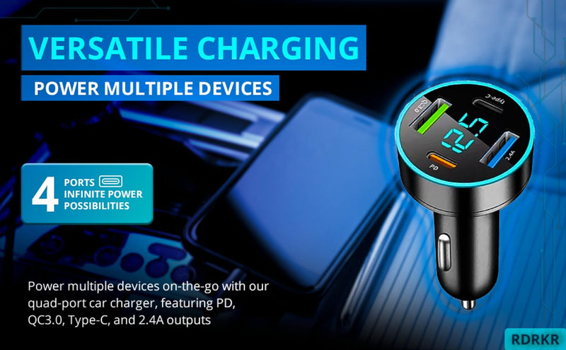 66W Car Charger Cigarette Lighter USB Charger, 4-Port Car Charger, 2 * USB 2.4 +PD+Type C Cigarette Lighter AdapterVoltmeter Compatible with Samsung/iPhone and other Android and iOS Devices