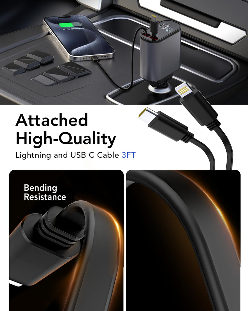 Retractable Car Charger, 4 in 1 Fast Car Phone Charger 66W, 2 Retractable Cables and USB Car Charger,Compatible with iPhone 15/14/13/12/11,Galaxy,Pixel