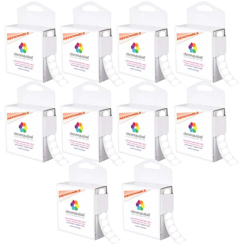 ChromaLabel 1/2 Inch Circle Sticker Labels, Color Coding Labels, Removable Colored Dot Stickers, 1000 Sticky Dots per Dispenser Box, White Stickers - Case of 10