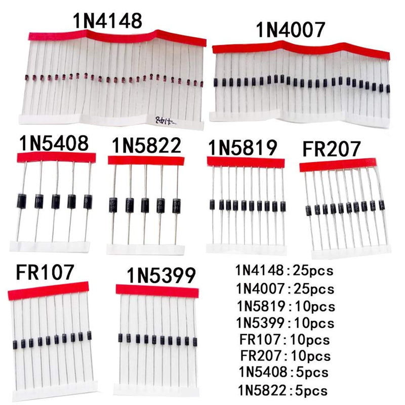 Hailege 100pcs Schottky Rectifier Diode Assortment Kit Including 8 Values 1N4148 1N4007 1N5819 1N5399 1N5408 1N5822 FR107 FR207