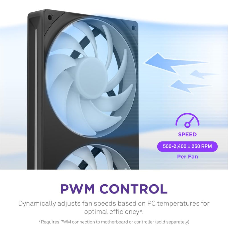 NZXT F240 RGB Core - 240mm Single-Frame Fan Unit with 2 x 120mm RGB Fans - Speed & Lighting Control - High Static Pressure & Airflow - Fluid Dynamic Bearings - 8 aRGB LEDs Per Fan - Black 2x 120mm RGB Single Frame